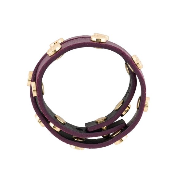 Designer TORY BURCH Leather Logo Stud Double Wrap Bracelet - Picture 2 of 4